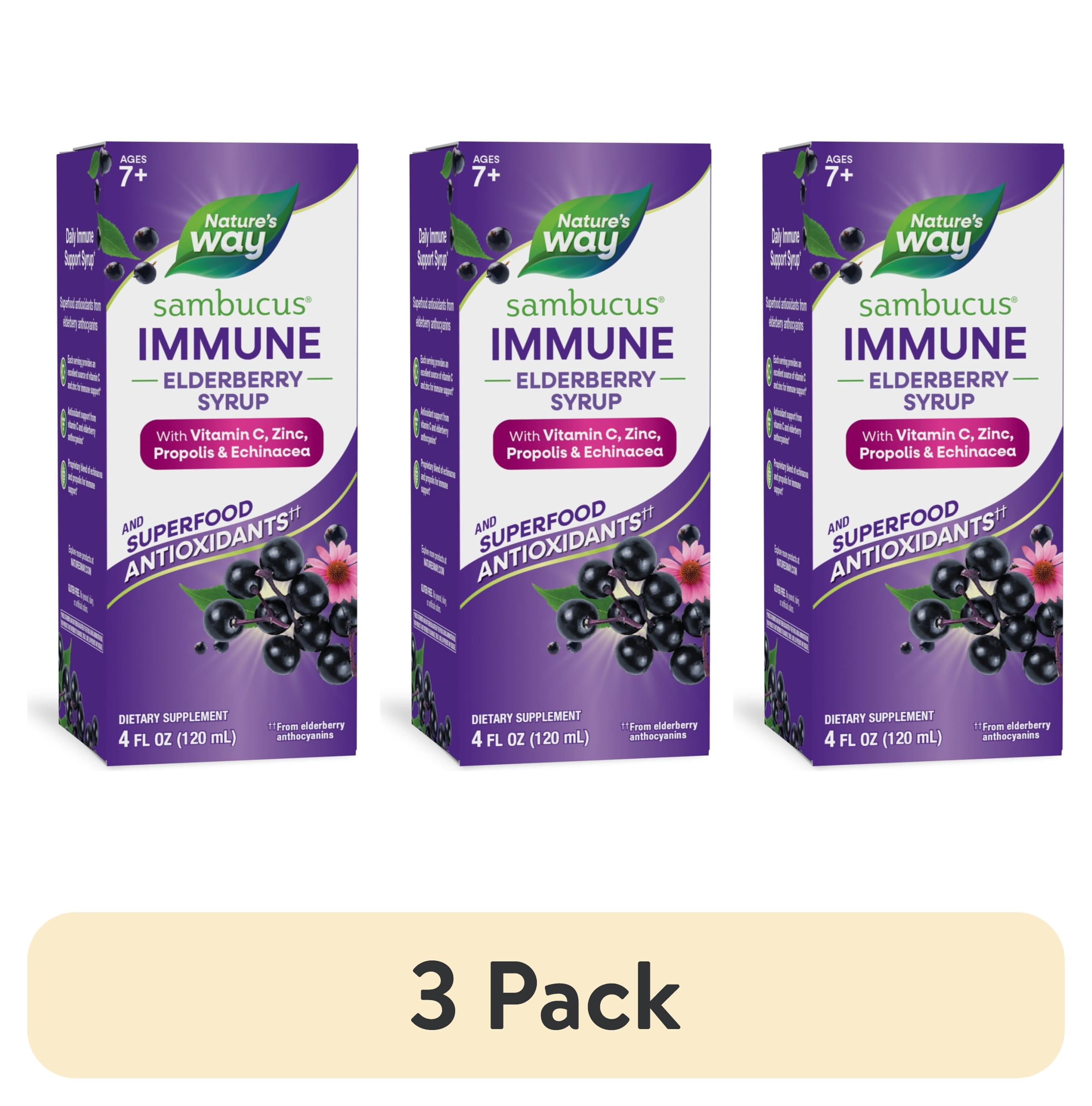 (3 pack) Nature's Way Sambucus Immune Elderberry Syrup, Zinc & Vitamin C, Dietary Supplement, Unisex, 4 fl oz