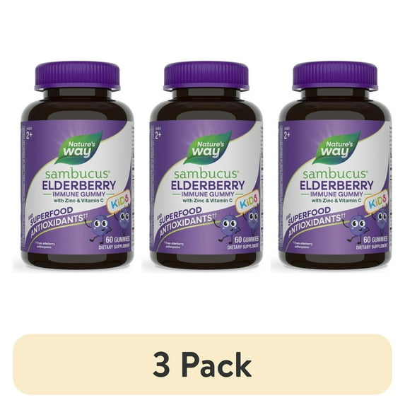 (3 pack) Nature’s Way Sambucus Immune Gummies for Kids, with Elderberry, Vitamin C and Zinc, Unisex, 60 Count