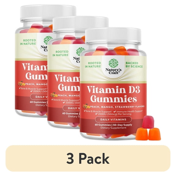 (3 pack) Natures Craft Daily 2000 IU Vitamin D3 Gummies, Immune Support Supplement, 60 Count