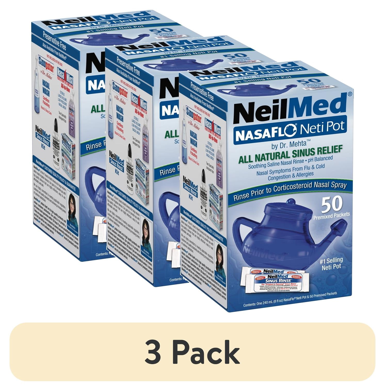 (3 pack) Neilmed NasaFlo Neti Pot Nasal Wash System - Natural Sinus Relief - 50 Premixed Packets -  Allergy, Sinus and Congestion Relief