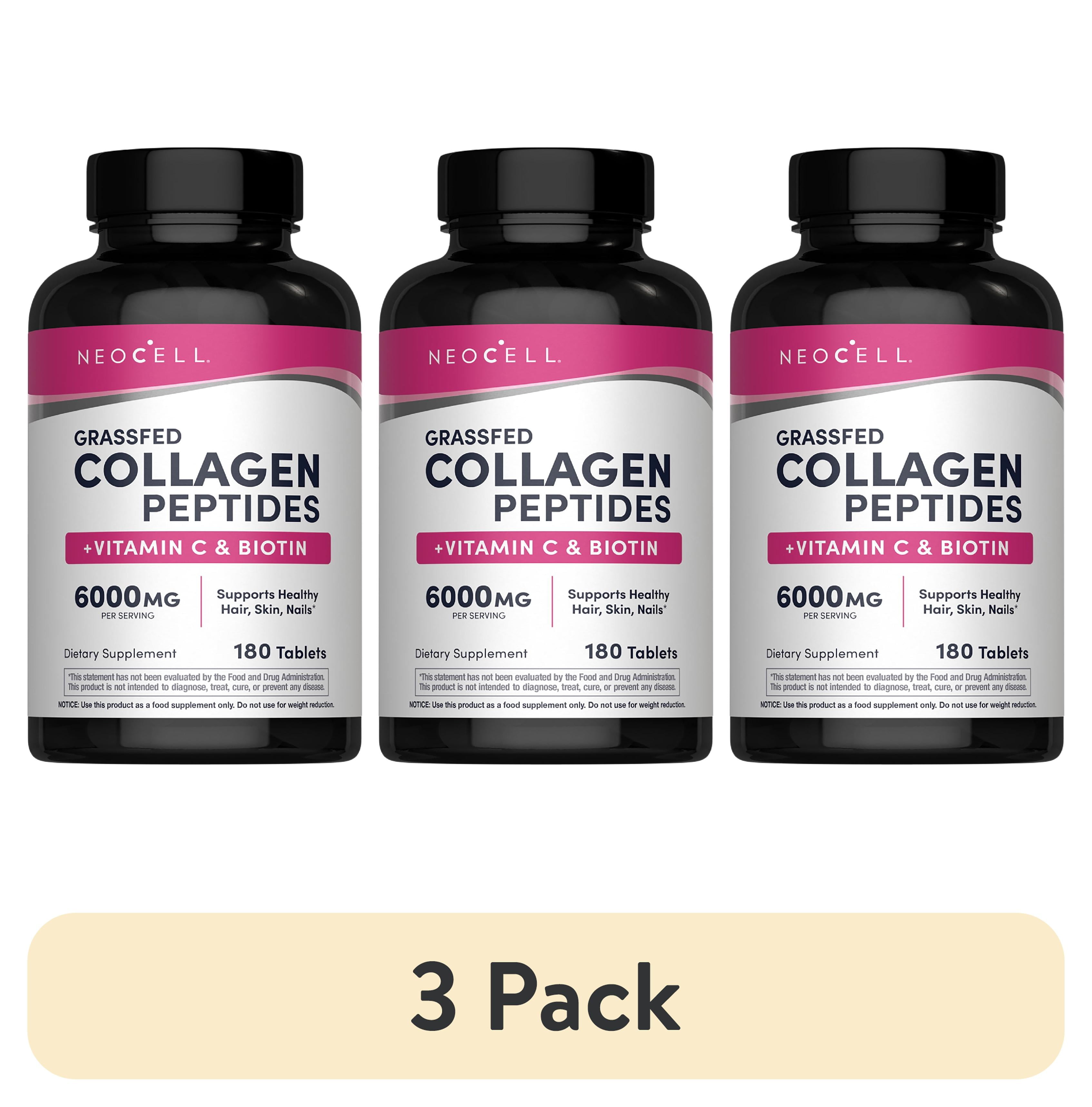 (3 pack) Grass fed Collagen with Vitamin C and Biotin | 180 Tablets | Skin, Hair and Nails Supplement | by NeoCell