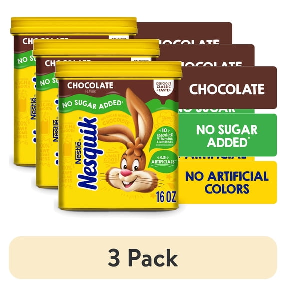 (3 pack) Nestle Nesquik No Sugar Added Chocolate Instant Stir In Powder Mix, 16 oz Canister, 41 Servings
