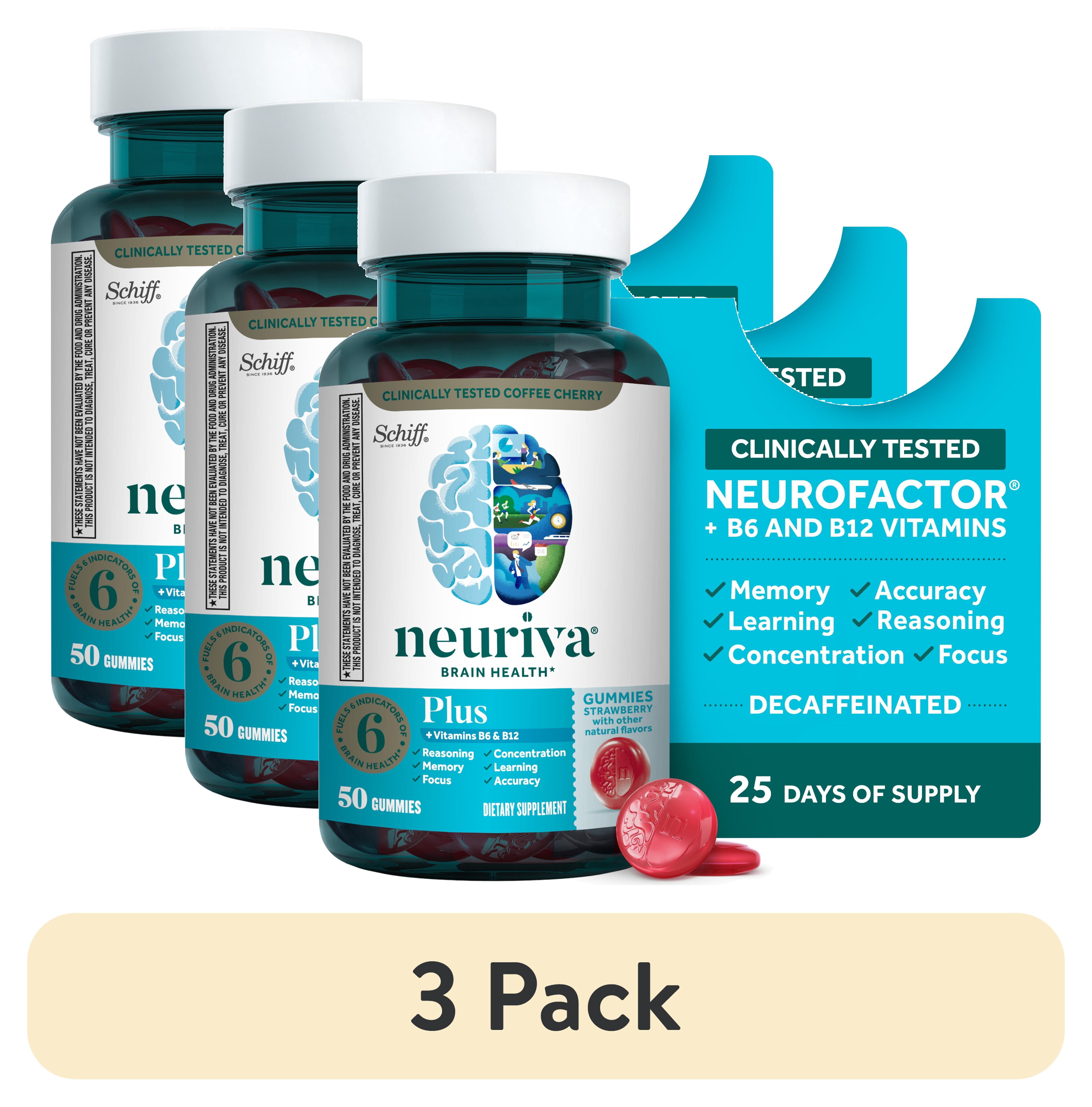 (3 pack) Neuriva Plus Brain Supplements for Memory and Focus Vitamin B12 & B6 Strawberry Gummies 50 Count