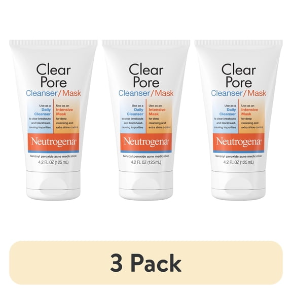 (3 pack) Neutrogena Clear Pore 3.5% Benzoyl Peroxide Face Wash & Acne Treatment Mask, 4.2 fl oz