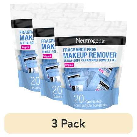 (3 pack) Neutrogena Makeup Remover Face Wipes, Single Facial Cleansing Wipes, 20 Count