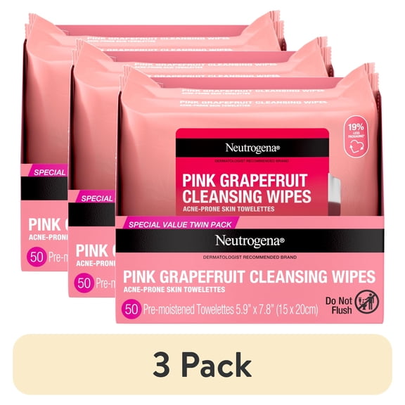 (3 pack) Neutrogena Makeup Remover Cleansing Wipes, Pink Grapefruit, 2 x 25 Count