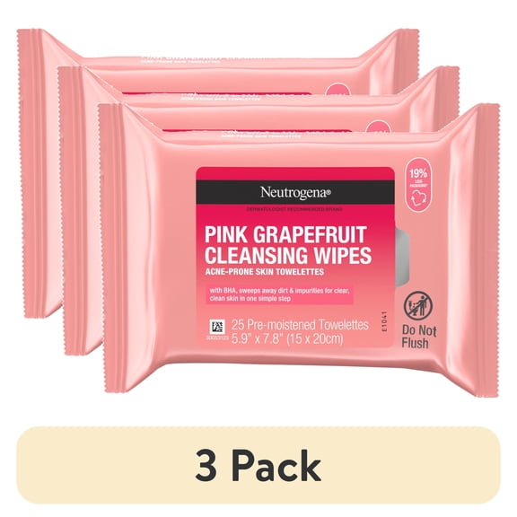(3 pack) Neutrogena Oil-Free Facial Cleansing Wipes, Pink Grapefruit, 25 Count
