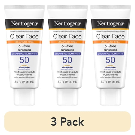 (3 pack) Neutrogena SPF 50 Clear Face Sunscreen for Oily Skin, 3 fl. oz