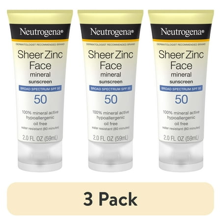 (3 pack) Neutrogena Sheer Zinc Dry-Touch Face SPF 50 Sunscreen Lotion, 2 fl. oz