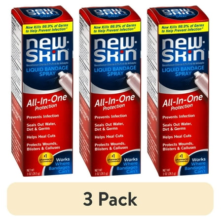 (3 pack) New Skin Liquid Bandage Spray, Waterproof Bandage for Scrapes and Minor Cuts, 1 fl oz
