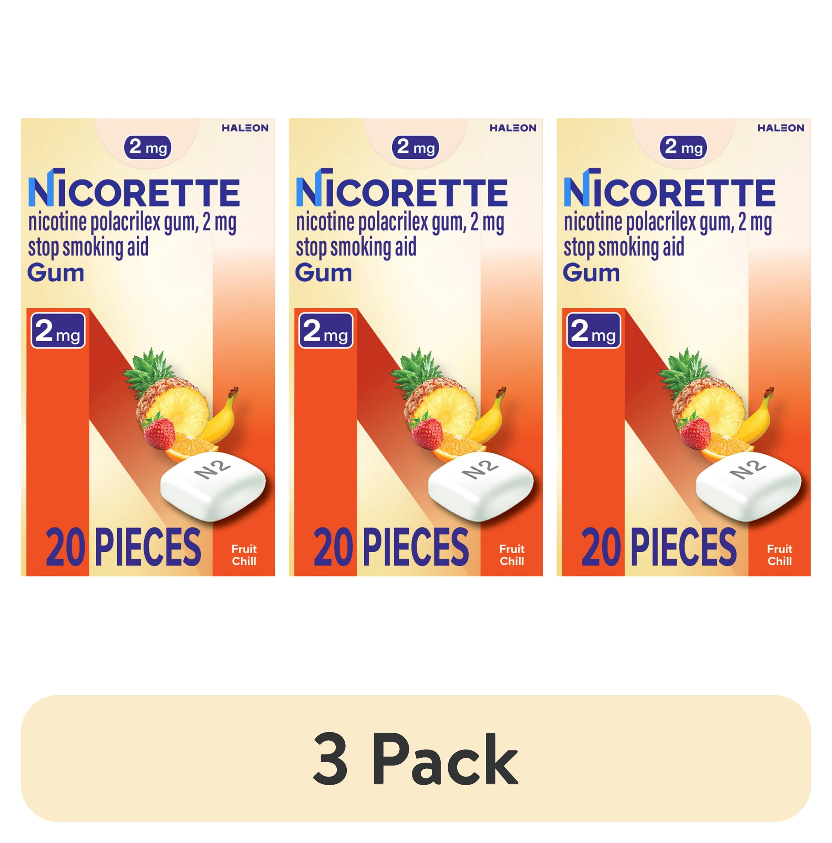 (3 pack) Nicorette Nicotine Gum, Stop Smoking Aids, 2 mg, Fruit Chill, 20 Count