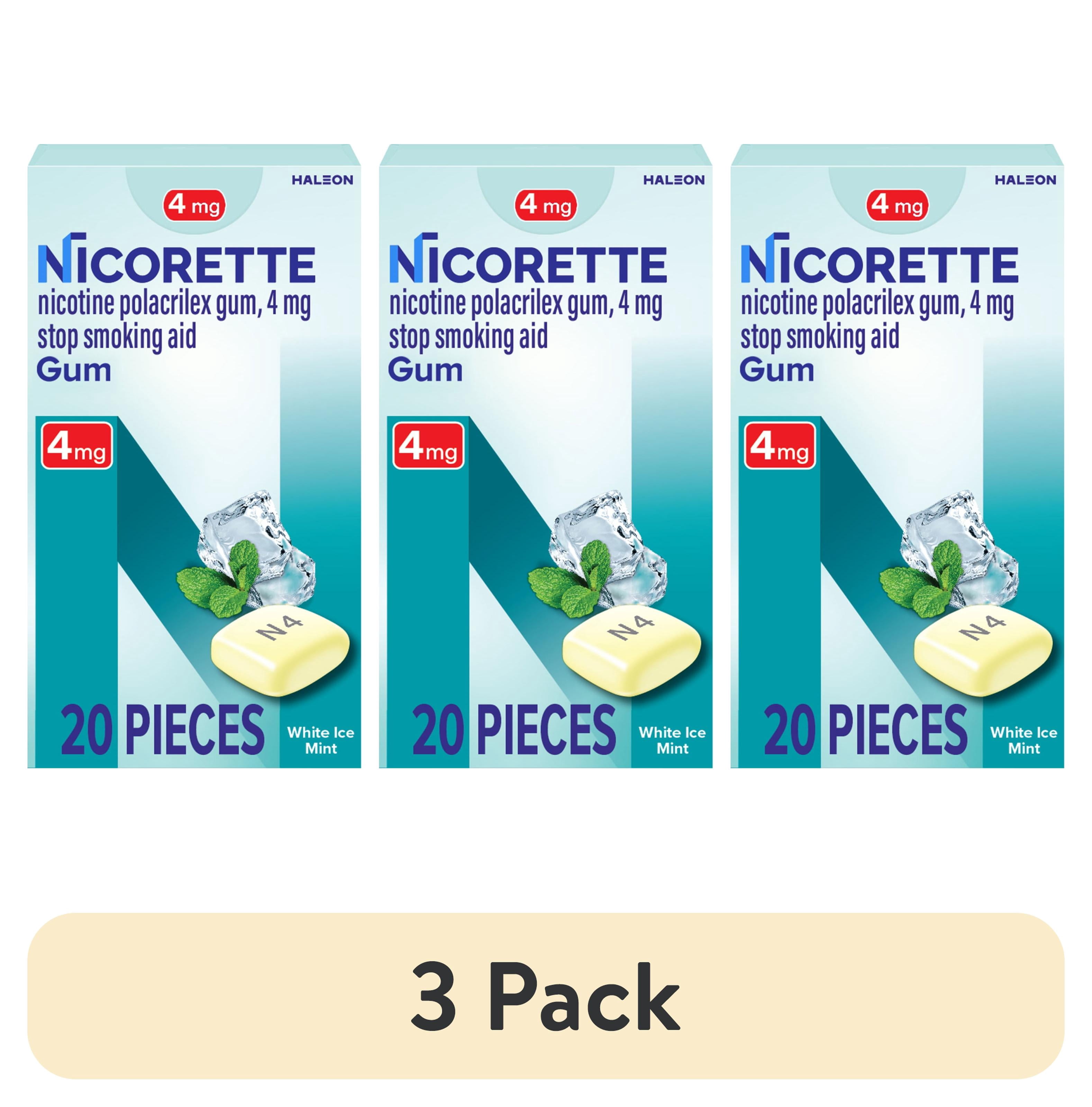 (3 pack) Nicorette Nicotine Gum, Stop Smoking Aids, 4 Mg, White Ice Mint, 20 Count
