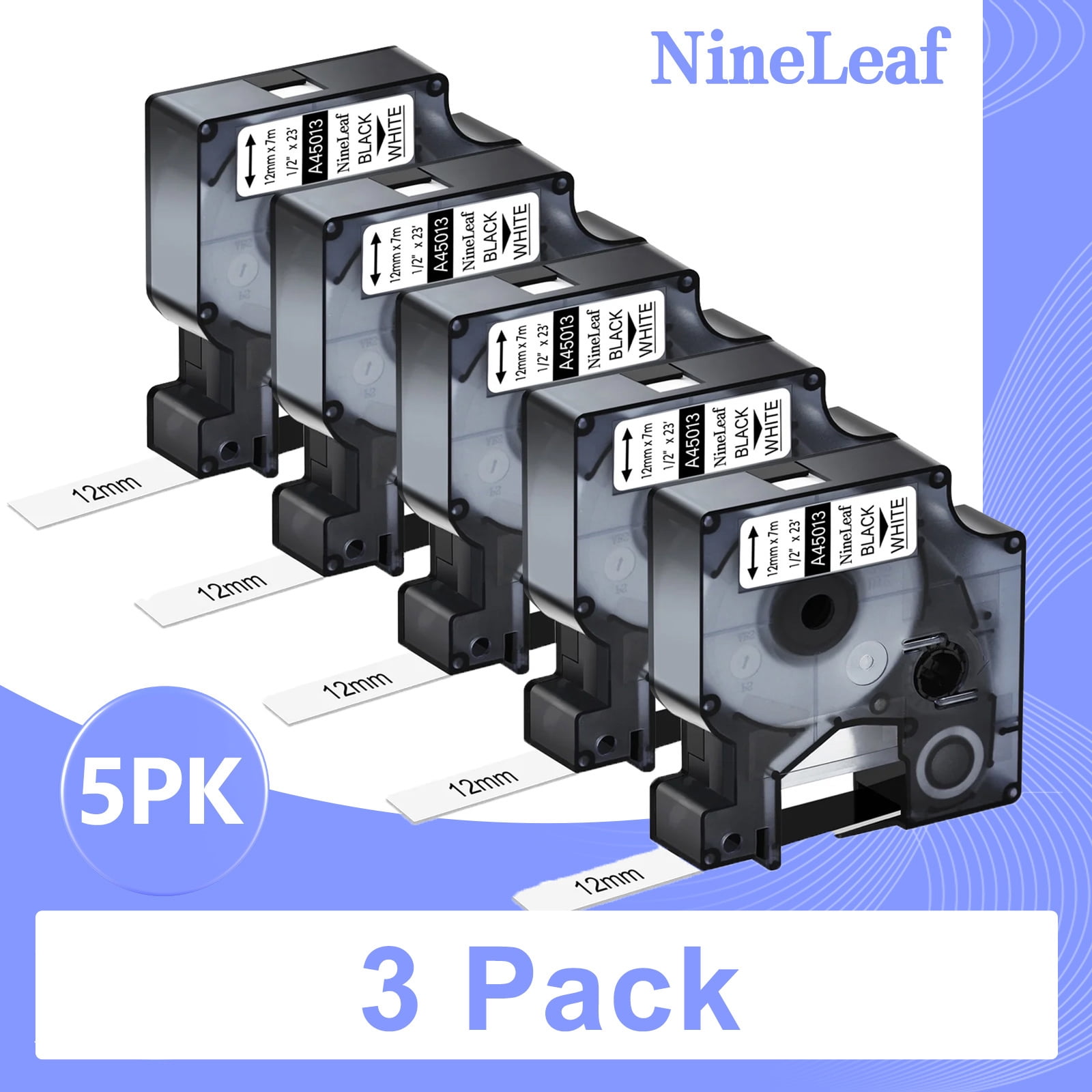 (3 pack) NineLeaf 5PK Compatible for DYMO D1 45013 45113 S0720530 1/2" x 23' (12mm x 7m) Black on White Label Maker Tape for Label Manager 100 120P 160 210D