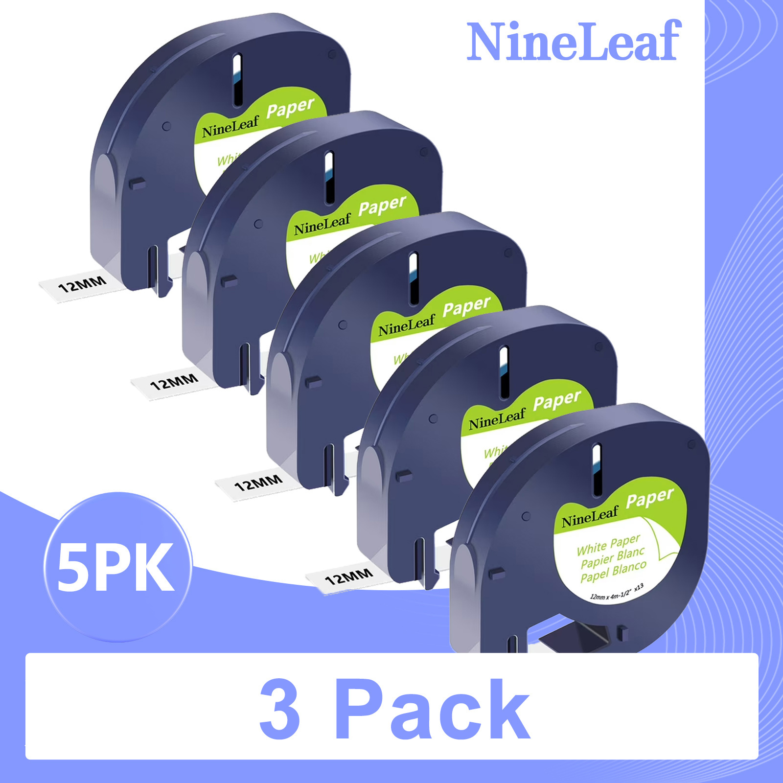 (3 pack) NineLeaf 5PK Compatible for DYMO LetraTag Refills 91330 12mm 1/2'' Black on White Paper Label Maker Tape