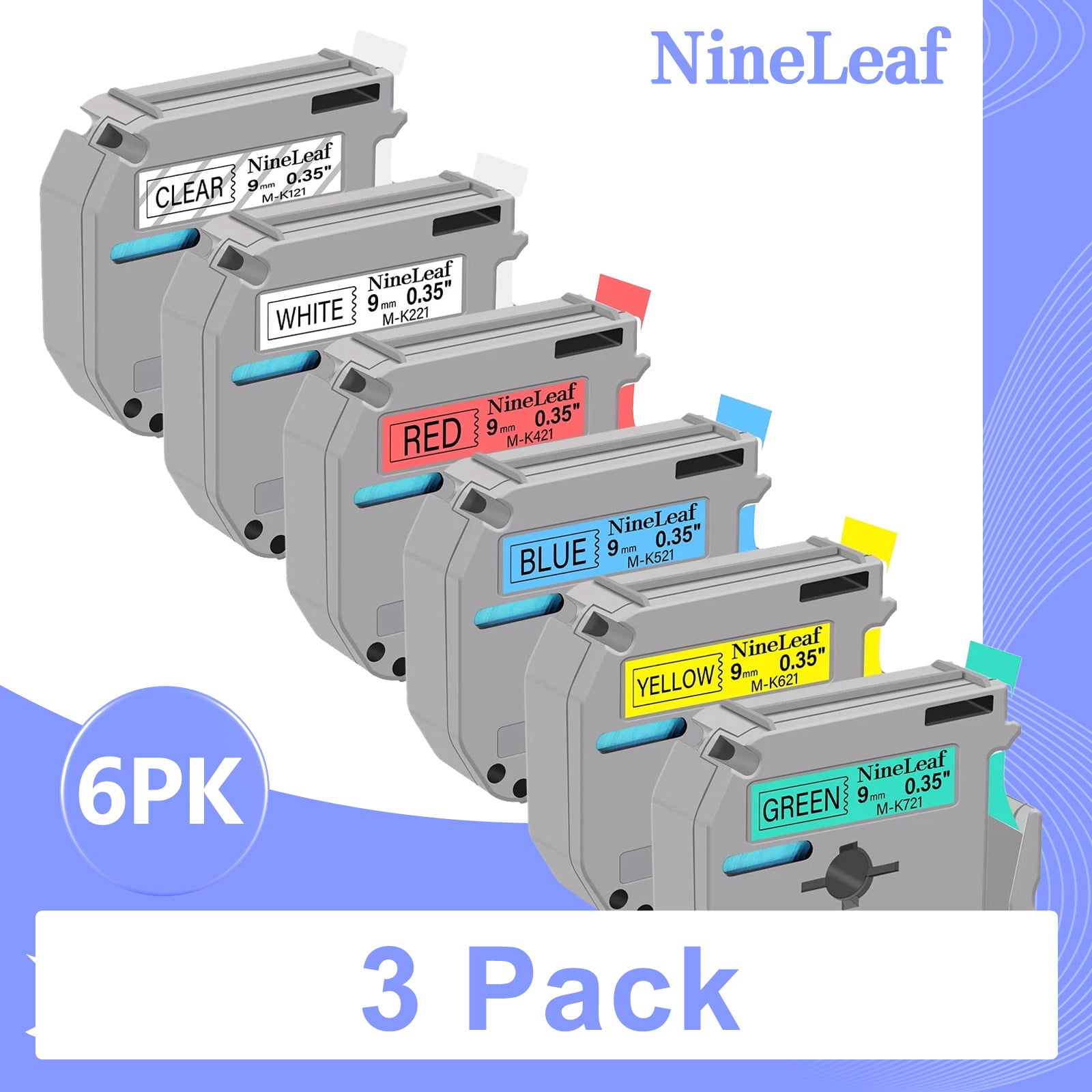 (3 pack) NineLeaf 6PK Compatible for Brother P-touch M Tape 3/8" 9mm Black on Clear/White/Red/Blue/Yellow/Green Label Maker Tape Refills PT-45m PT-65 PT-70bm