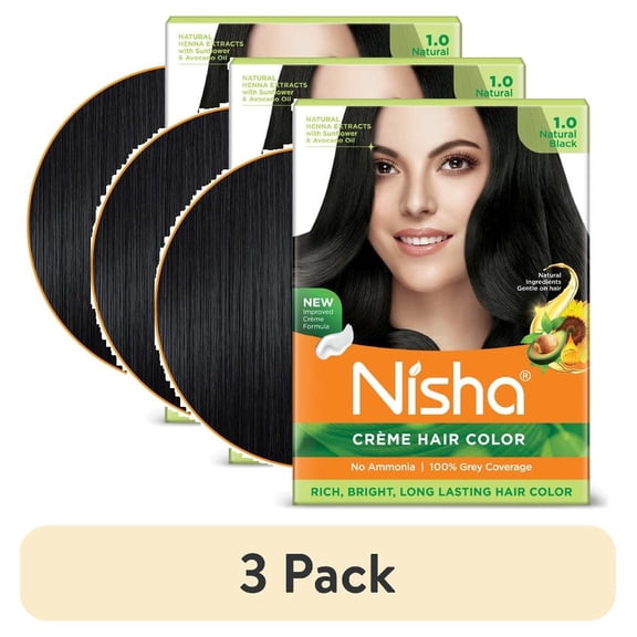 (3 pack) Nisha Creme Hair Color | Permanent Long Lasting Black Hair Dye Colour Kit | Natural Black | Mini Box 40gm / 1.35 Oz