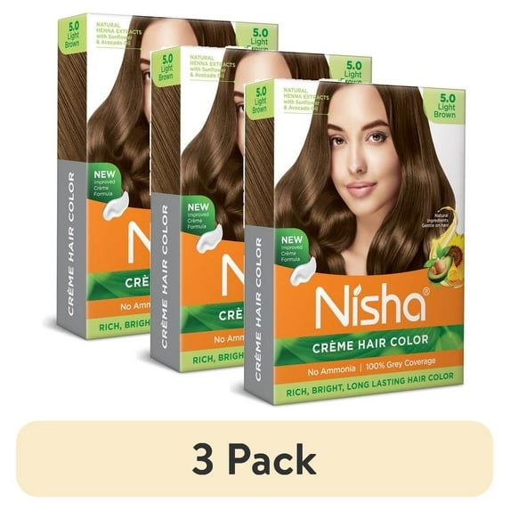 (3 pack) Nisha Creme Hair Color | Permanent Long Lasting Brown Hair Dye Colour Kit | Light Brown | Mini Box 40gm / 1.35 Oz