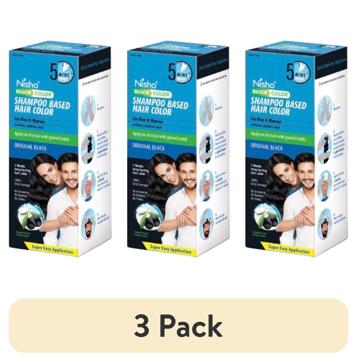 (3 pack) Nisha Shampoo Hair Color | Men & Women | 100% Grey Coverage in 5 Minutes | Original Black | 180mL / 6.09 Oz Bottle