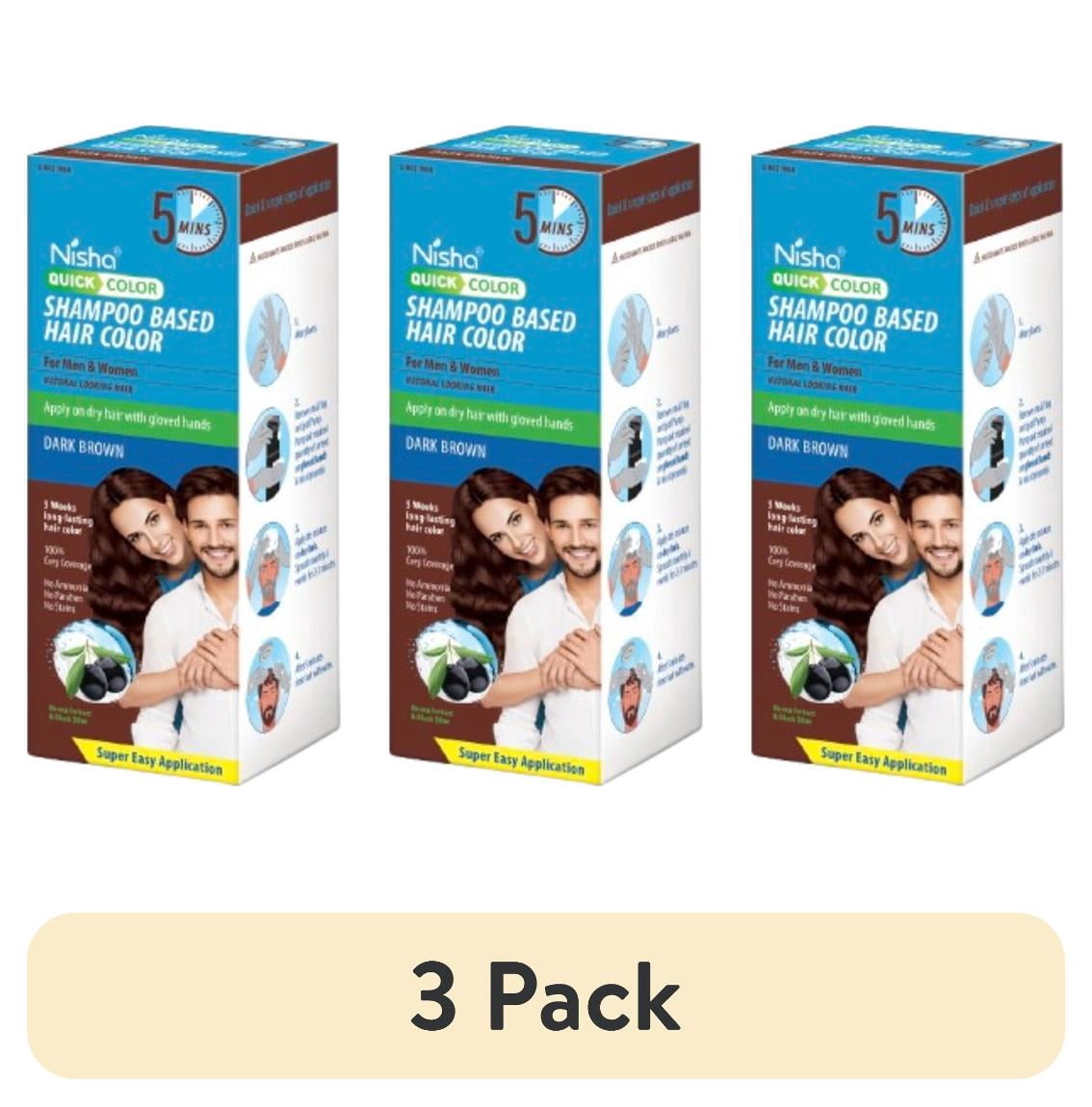 (3 pack) Nisha Shampoo Hair Color | Men & Women | 100% Grey Coverage in 5 Minutes | Dark Brown | 180mL / 6.09 Oz Bottle