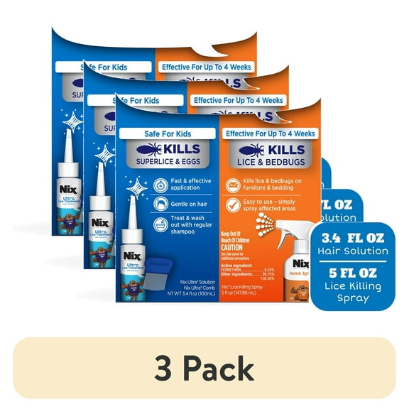 (3 pack) Nix Ultra Lice Removal Kit, 3.4oz Lice Treatment Hair Solution & Comb + 5oz Home Bedbug Spray, 1 Kit