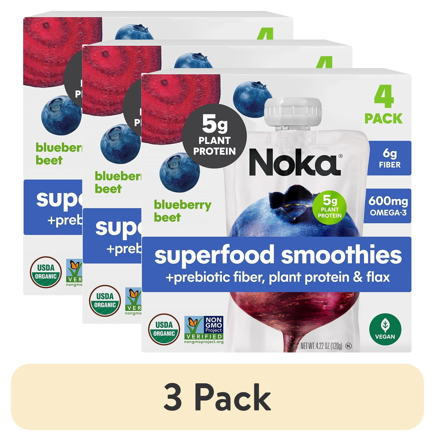 (3 pack) Noka Organic Superfood Smoothie Pouches, Plant Protein, Blueberry Beet, 4.22oz, 4 Pack