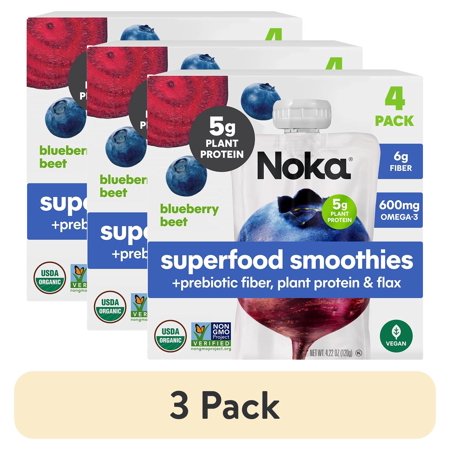 (3 pack) Noka Organic Superfood Smoothie Pouches, Plant Protein, Blueberry Beet, 4.22oz, 4 Pack