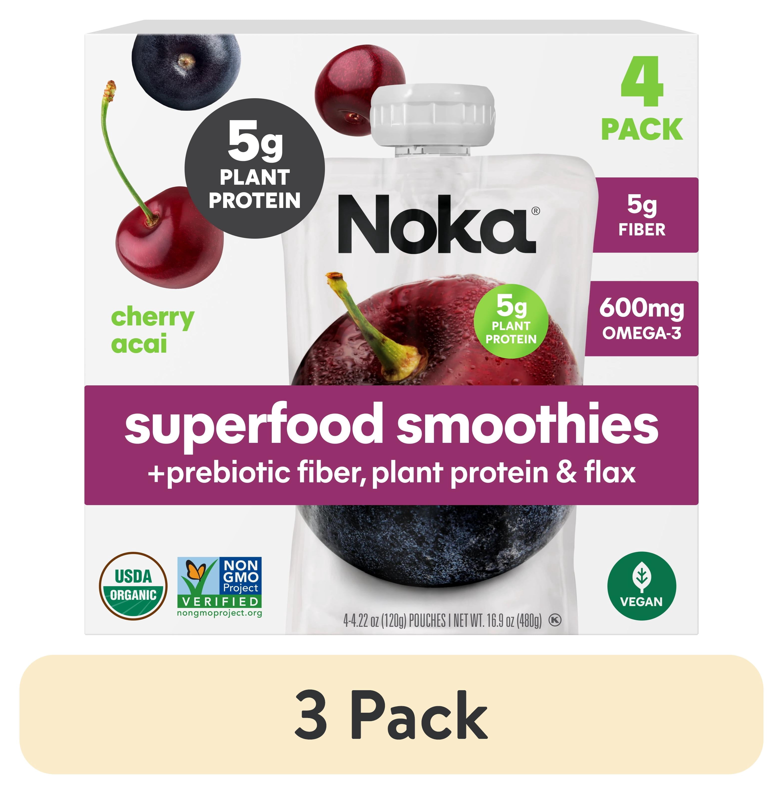 (3 pack) Noka Organic Superfood Smoothie Pouches, Plant Protein, Cherry Acai, 4.22oz, 4 Pack