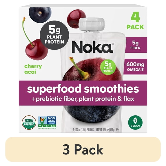 (3 pack) Noka Organic Superfood Smoothie Pouches, Plant Protein, Cherry Acai, 4.22oz, 4 Pack