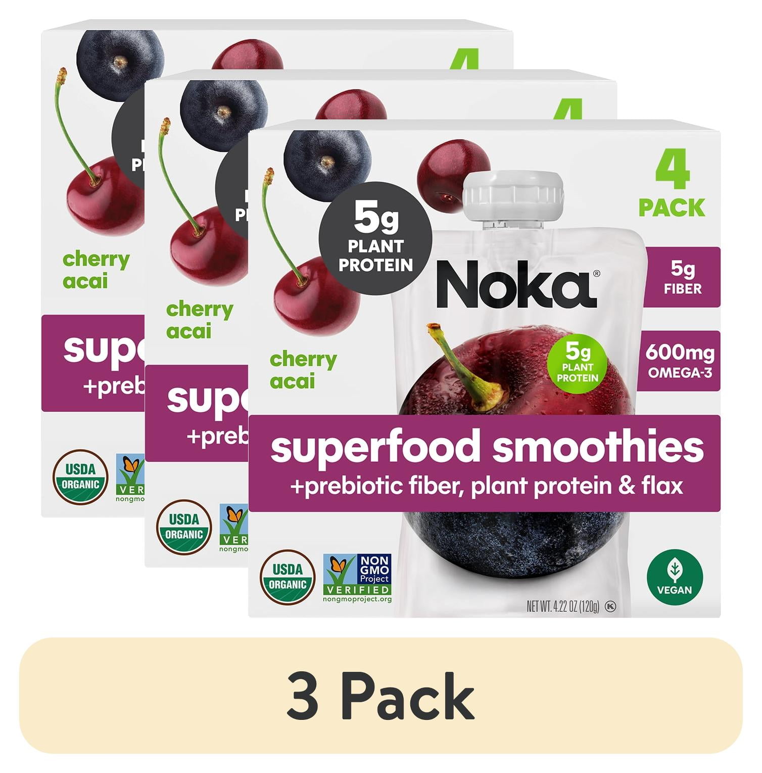 (3 pack) NOKA Organic Cherry Acai Smoothie, 4.22 oz Pouches, 4 Count