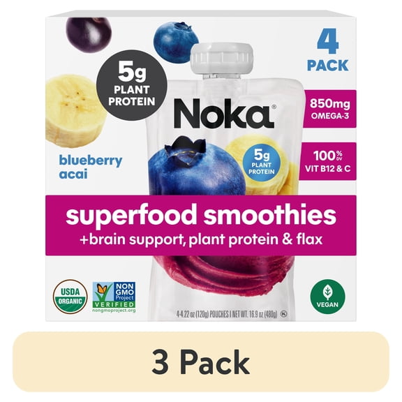 (3 pack) Noka Organic Superfood Smoothie Pouches, Plant Protein, Blueberry Acai, 4.22oz, 4 Pack