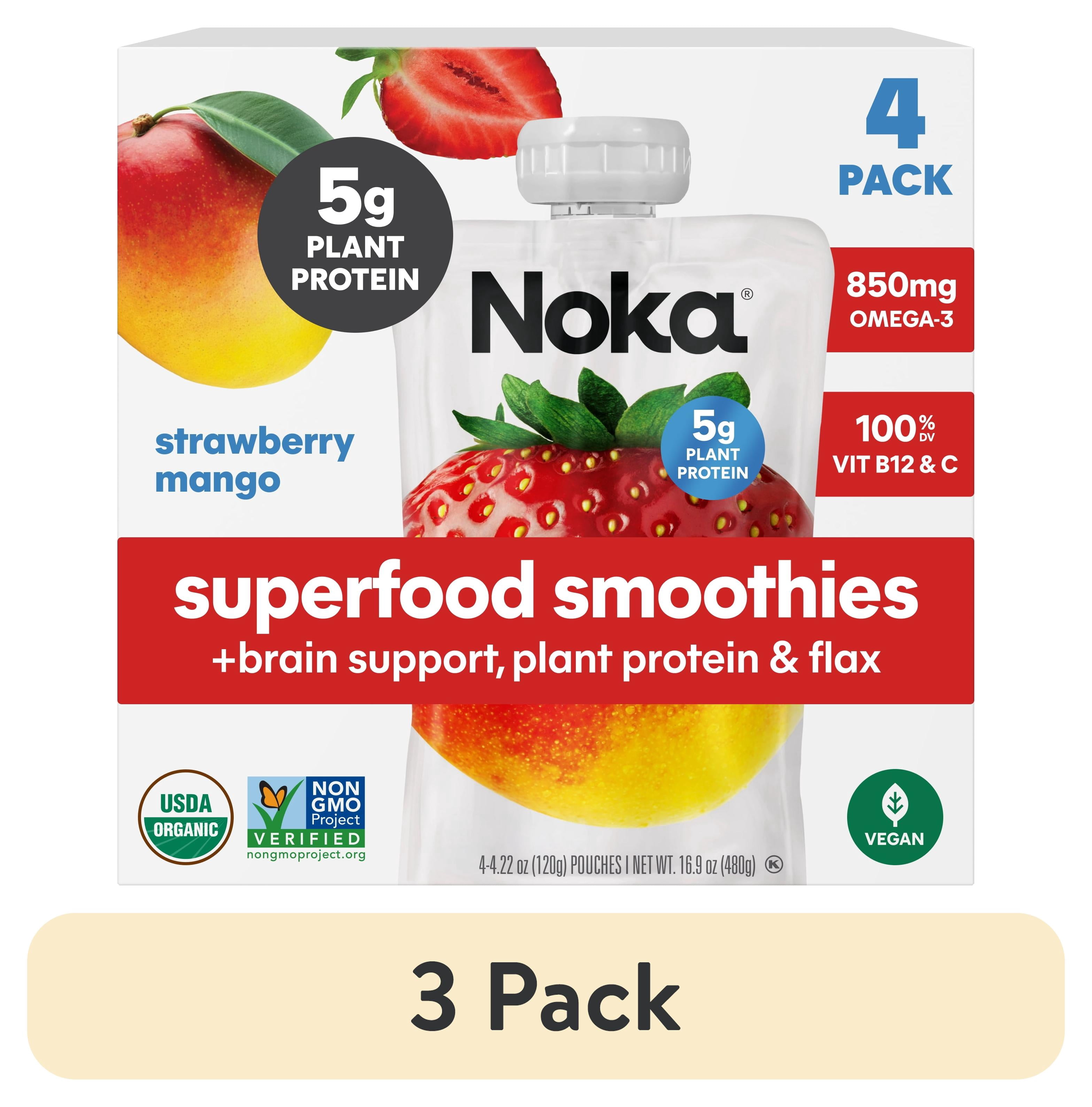 (3 pack) Noka Organic Superfood Smoothie Pouches, Plant Protein, Strawberry Mango, 4.22oz, 4 Pack