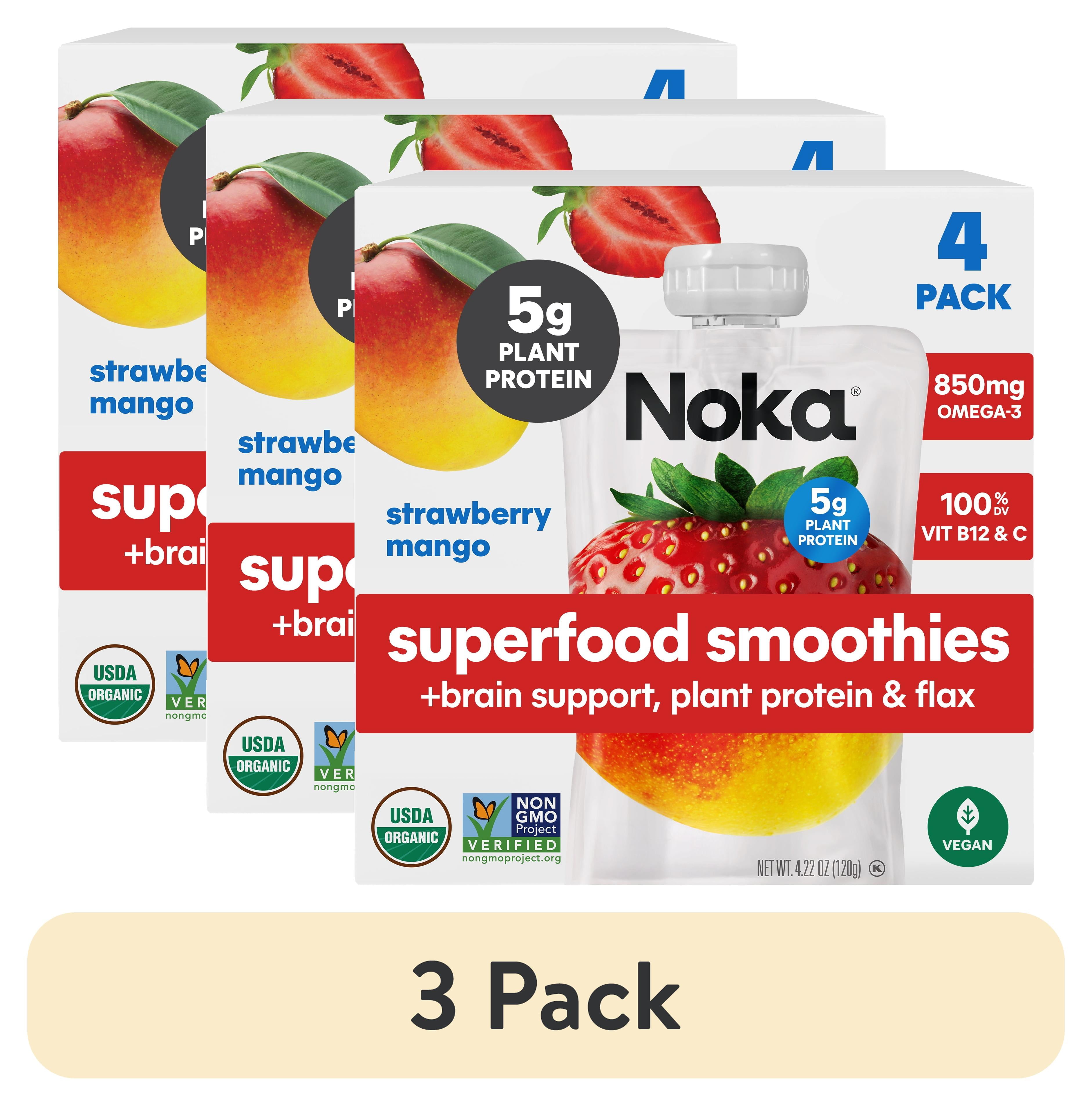 (3 pack) NOKA Organic Non-GMO Strawberry Mango Smoothie, 4.22 oz Pouches, 4 Count