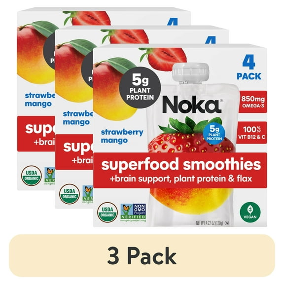 (3 pack) NOKA Organic Non-GMO Strawberry Mango Smoothie, 4.22 oz Pouches, 4 Count