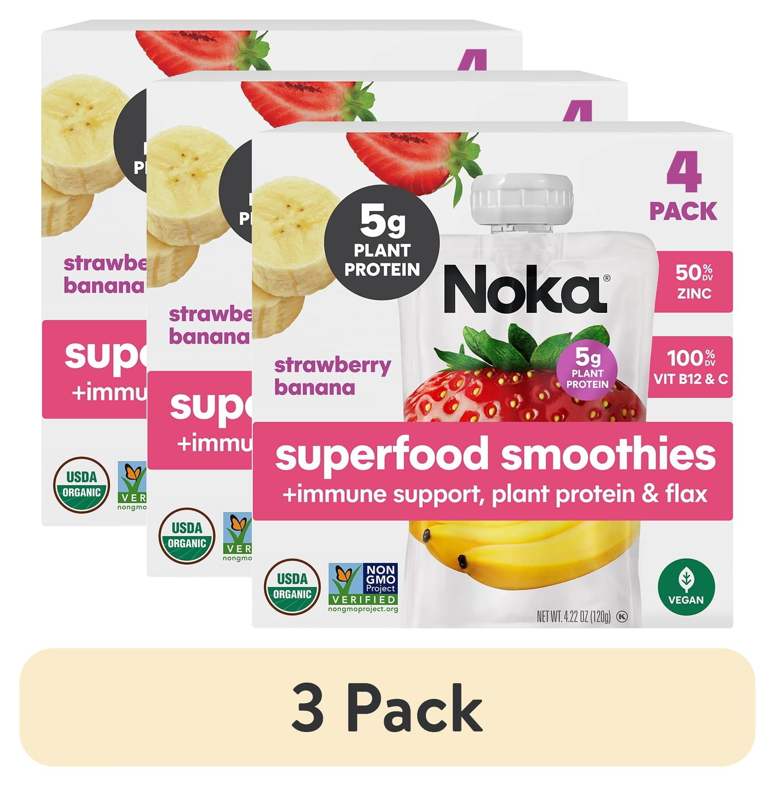 (3 pack) NOKA Organic Strawberry Banana Smoothie, 4.22 oz Pouches, 4 Count