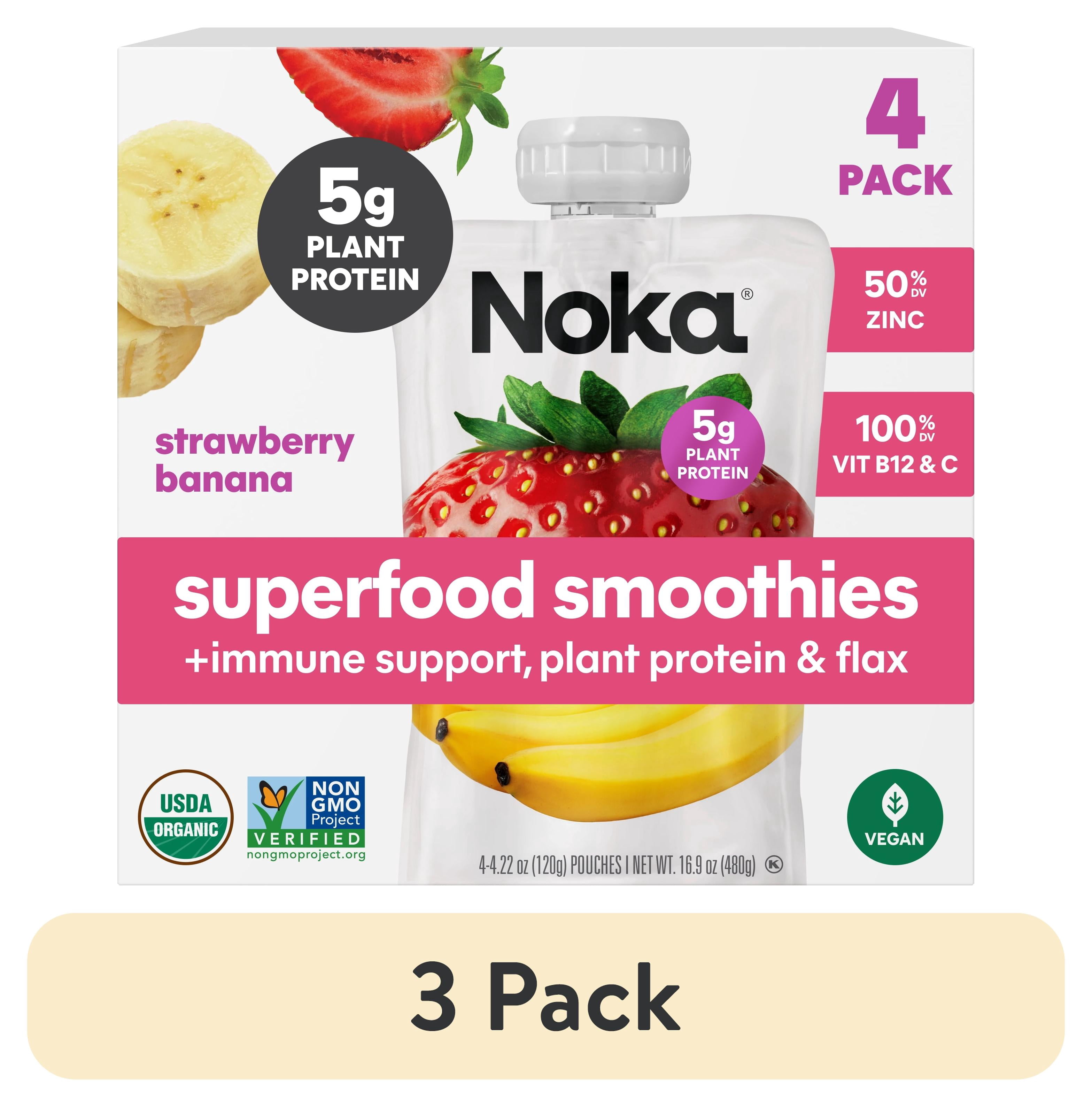 (3 pack) Noka Organic Superfood Smoothie Pouches, Plant Protein, Strawberry Banana, 4.22oz, 4 pack
