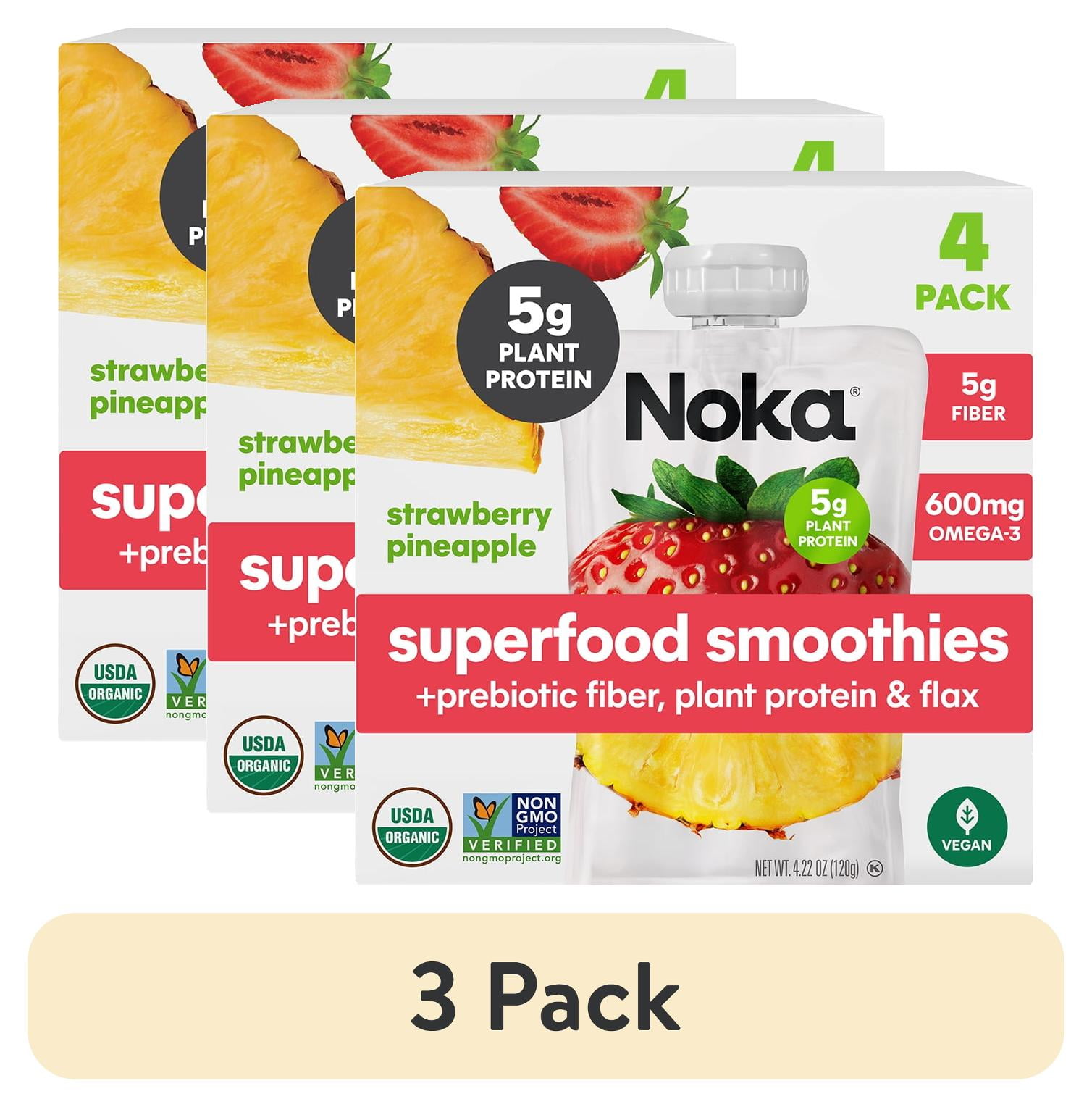(3 pack) NOKA Organic Strawberry Pineapple Smoothie, 4.22 oz Pouches, 4 Count