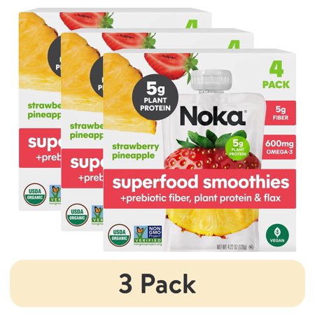(3 pack) NOKA Organic Strawberry Pineapple Smoothie, 4.22 oz Pouches, 4 Count