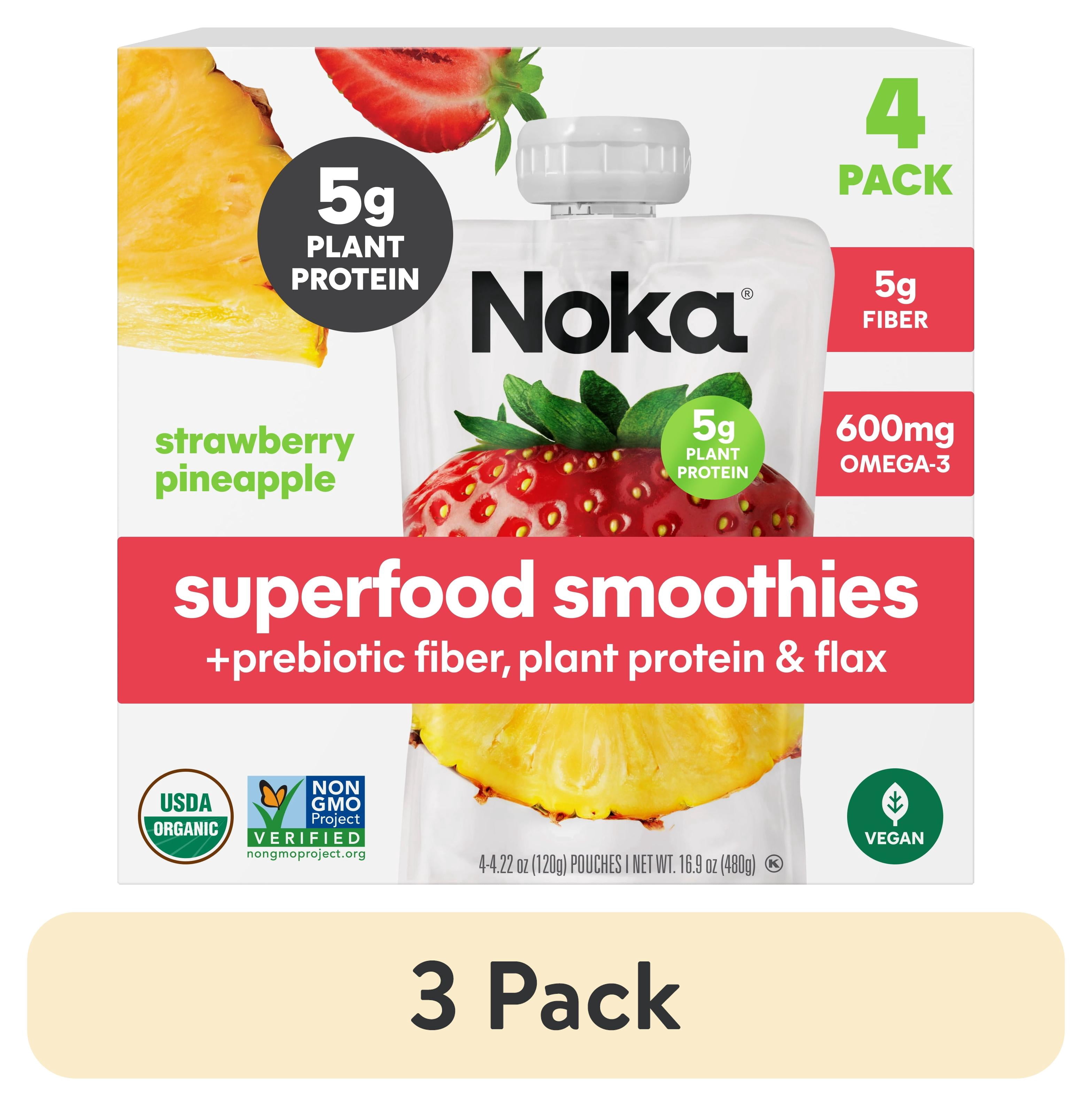 (3 pack) Noka Organic Superfood Smoothie Pouch, Plant Protein, Strawberry Pineapple, 4.22oz, 4 Pack