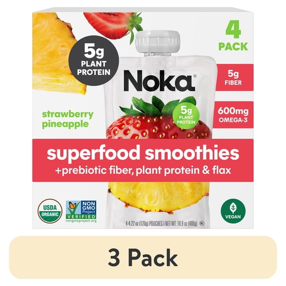 (3 pack) Noka Organic Superfood Smoothie Pouch, Plant Protein, Strawberry Pineapple, 4.22oz, 4 Pack