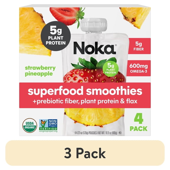 (3 pack) Noka Organic Superfood Smoothie Pouch, Plant Protein, Strawberry Pineapple, 4.22oz, 4 Pack