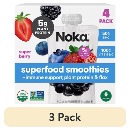 (3 pack) Noka Organic Superfood Smoothie Pouches, Plant Protein, Super Berry, 4.22oz, 4 Pack