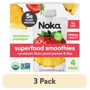 3 pack Noka Organic Superfood Smoothie Pouch, Plant Protein, Strawberry Pineapple, 4.22oz, 4 Pack