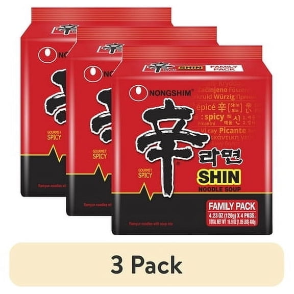 (3 pack) Nongshim Shin Ramyun Spicy Beef Ramen Noodle Soup Pack, 4.02oz X 4 Count