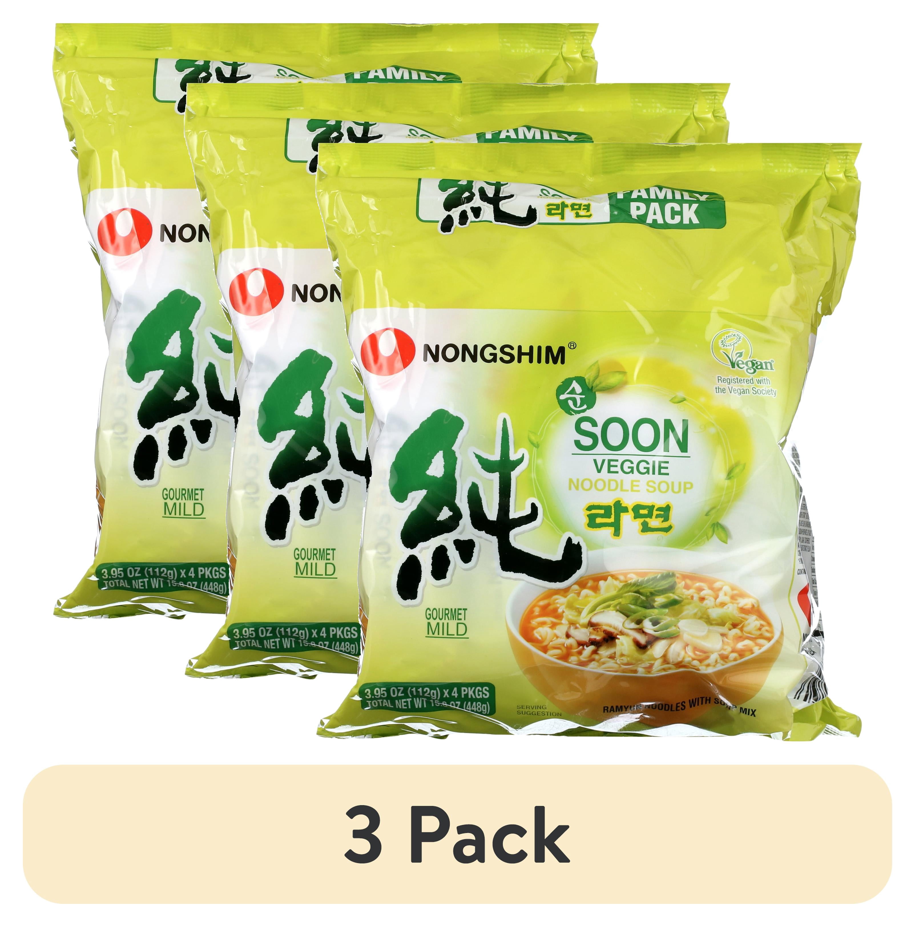 (3 pack) Nongshim Soon Veggie Savory Vegan Ramyun Ramen Noodle Soup Pack, 3.95oz, 4 Count