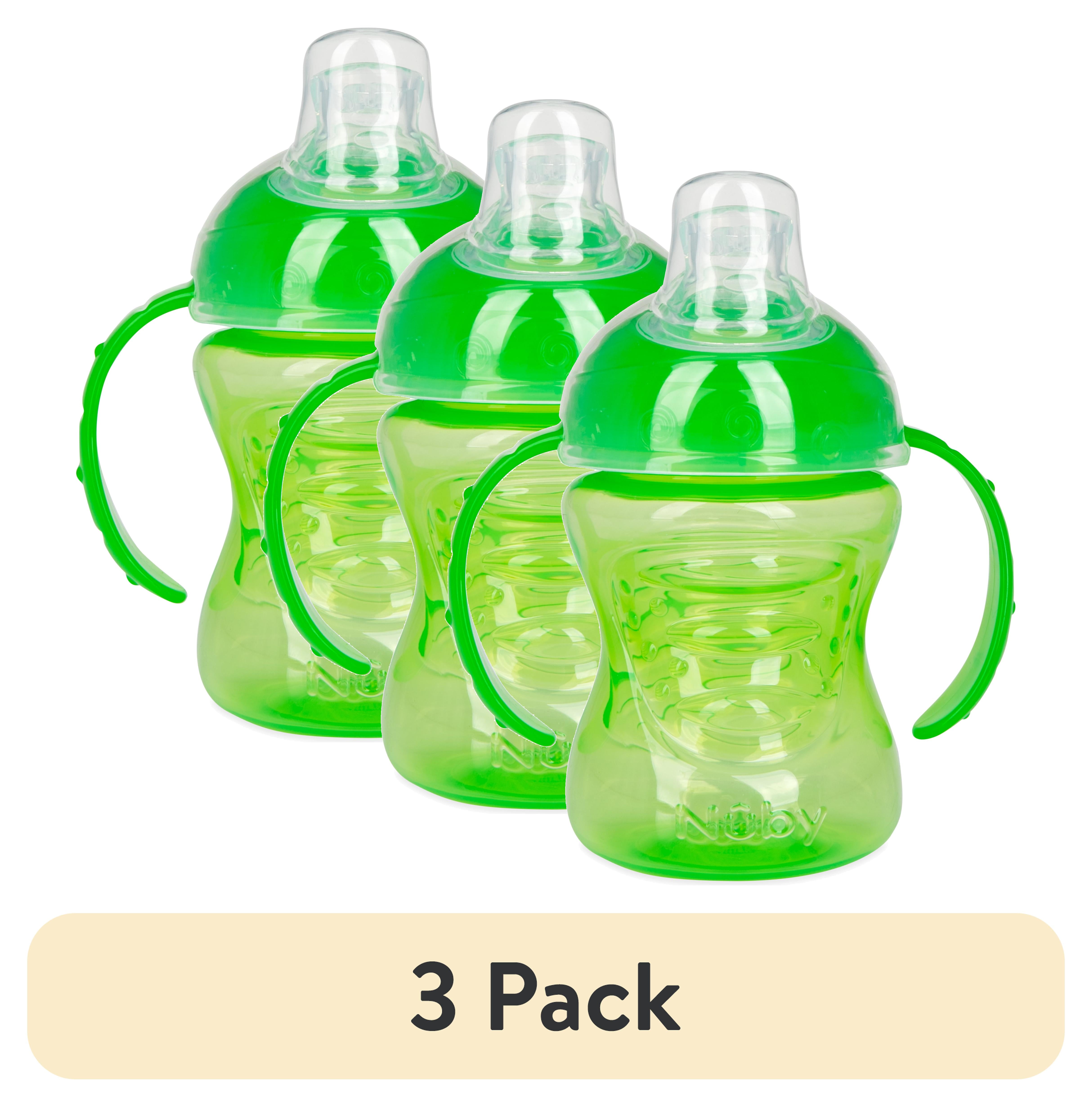 (3 pack) Nuby No-Spill Grip N' Sip Green Soft Spout Sippy Cup, 8 fl oz