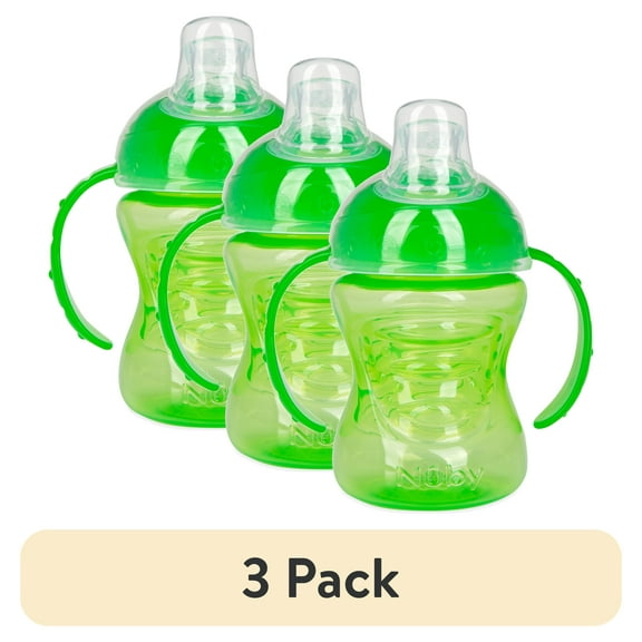 (3 pack) Nuby No-Spill Grip N' Sip Green Soft Spout Sippy Cup, 8 fl oz