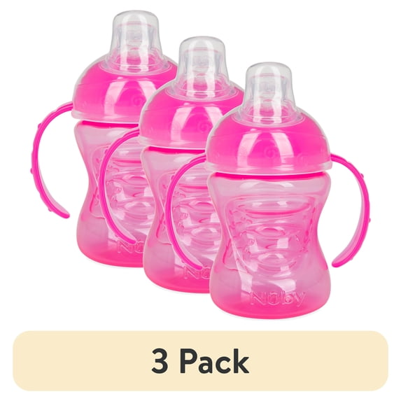 (3 pack) Nuby Grip N' Sip Soft Spout and Easy-Grip Handles Training Sippy Cup, 4+ Months, Pink, 8 oz