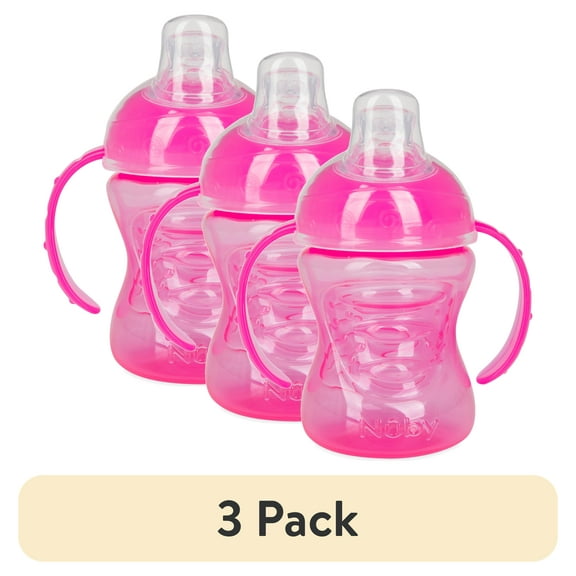 (3 pack) Nuby No-Spill Grip N' Sip Pink Soft Spout Sippy Cup, 8 fl oz