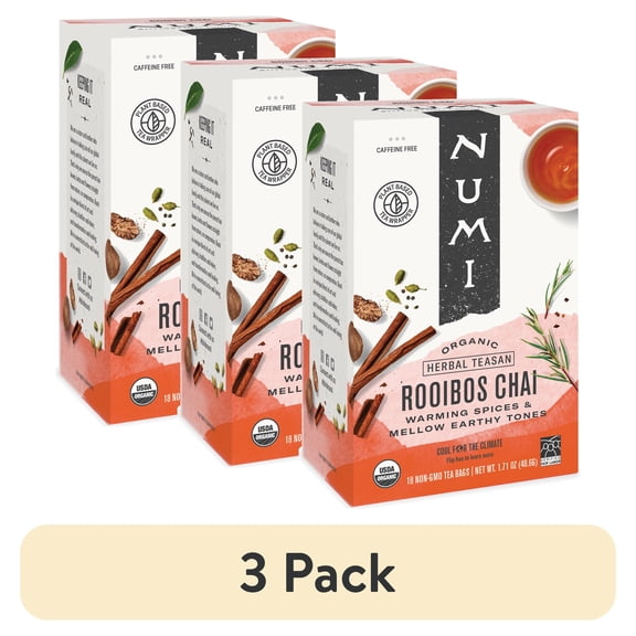 (3 pack) Numi Organic Caffeine Free Rooibos Chai Tea, 18 Count Microplastic Free Tea Bags