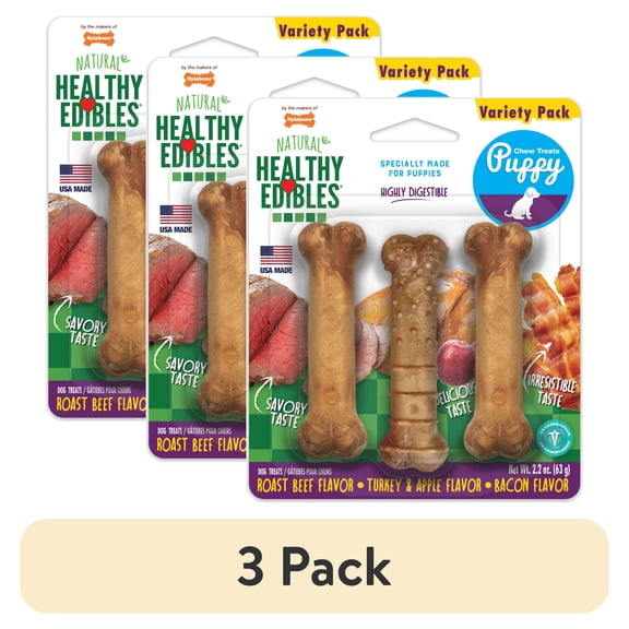 (3 pack) Nylabone Healthy Edibles All-Natural Long Lasting Puppy Chew Treats Roast Beef, Turkey, Apple, Bacon X-Small (3 Count)